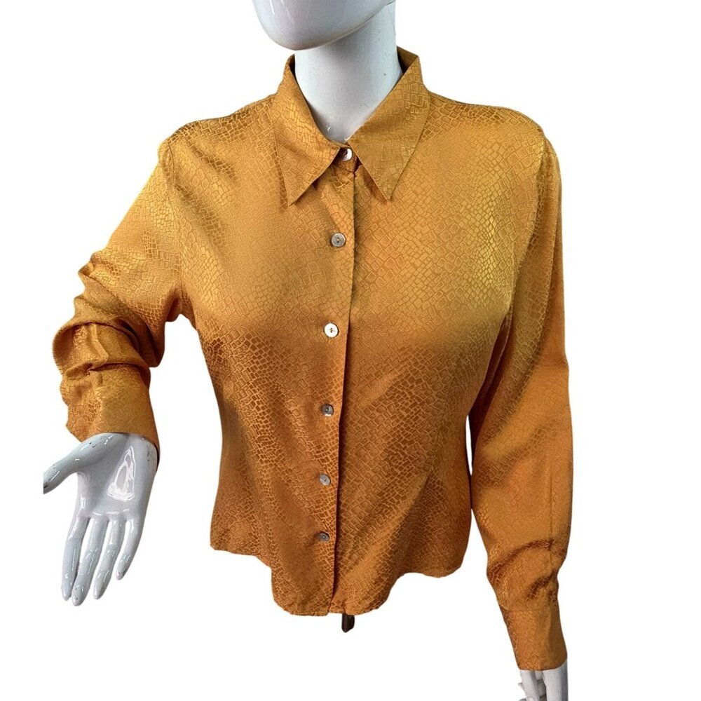 SilkLand Y2K Silk Jacquard Btn Up Shirt Blouse Women M Gold Texture M Shell Btns
